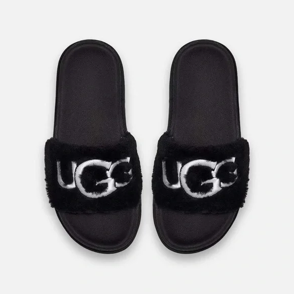 UGG Logo Black Laton Fur Slide - Picture 1 of 12